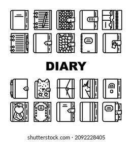 Diary Paper Stationery Accessory Icons Set Vector. Diary With Pen And Crocodile Skin Cover For Writing And Drawing, With Fingerprint Scanner And Password Lock Black Contour Illustrations