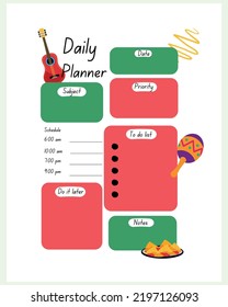 Diary planner printable template vector. Business organizer schedule page for the day for effective planning. In the style of Mexico. Sheet of paper. Vector illustration