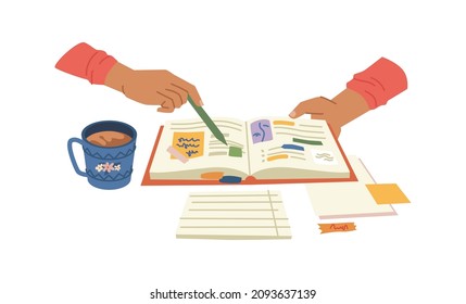 Diary for planning tasks and workflow, isolated person using journal for organization and management, Student with notebook making notes in schedule, personage with cup of coffee, vector in flat