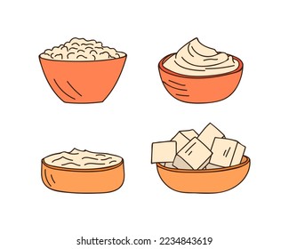 Diary product illustrations set with cottage cheese, cheese, yogurt. Milk products doodle illustrations collection with cottage cheese, cheese, yogurt. Diary products colorful doodle icons set.