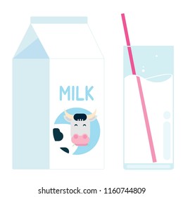 Diary product milk pack with cow in the circle and glass of it with straw flat style design vector illustration isolated on white background. Minimalistic flat design box package of milk and glass