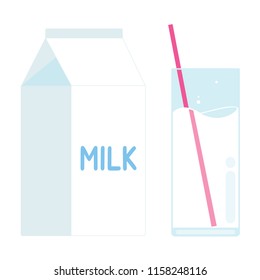 Diary product milk pack and glass of it with straw flat style design vector illustration isolated on white background. Minimalistic flat design box package of milk and glass of it.