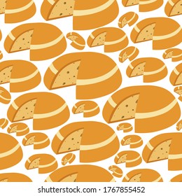 Diary product seamless pattern, slices of cheese. Milk-based food, snack or ingredient for dishes. Organic meal, assortment for shop or restaurant. Eating different kinds, vector in flat style