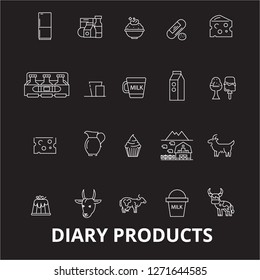 Diary products editable line icons vector set on black background. Diary products white outline illustrations, signs, symbols