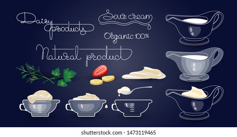 Diary products, fruits, set of kitchen utensils, and handwritten words. Sour cream, spoon with cream, jug, sauce dish, and glass bowl on blue background. Vector illustration.