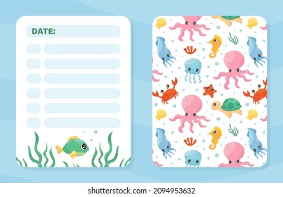 Diary sheet with lines and cute sea creatures. Booklet, planner, notepad, diary template design vector illustration