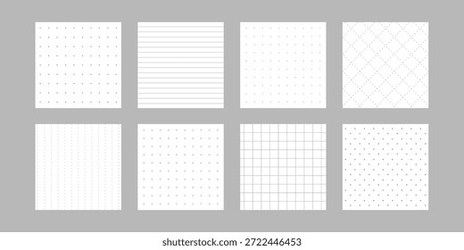 Folha de diário e conjunto de modelos de página. Diário de notebooks ou marcadores. Padrões de linhas e grades para escrita e anotações. Ilustração de vetor imprimível.