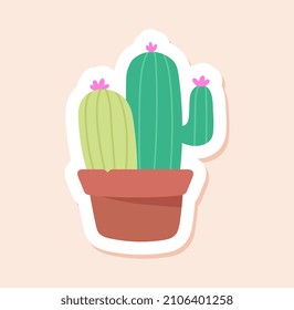 Diary sticker concept. Colorful decoration with green cacti in pot and white thin frame. House plant. Design element for printing. Cartoon flat vector illustration isolated on pink background