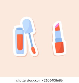 Diary sticker concept. Colorful icon with red lip gloss and lipstick. Cosmetic products. Design element for printing on paper or fabric. Cartoon flat vector illustration isolated on pink background