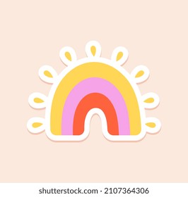 Concepto de emoticono diario. Icono colorido con arcoiris lindo y marco fino blanco. Elemento de diseño para redes sociales e impresión en papel. Dibujo vectorial plano de dibujos animados aislado en fondo rosa