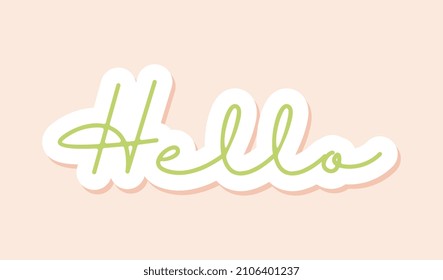 Concepto de emoticono diario. Colorida inscripción verde fino hola con marco blanco. Elemento de diseño para redes sociales e impresión en papel. Dibujo vectorial plano de dibujos animados aislado en fondo rosa