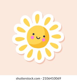 Diary sticker concept. Decoration with cute smiling yellow sun, rays and white frame. Design element for printing on fabric or paper. Cartoon flat vector illustration isolated on pink background