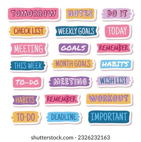 Diary sticker set. Important notes and to do list. Goals and meeting labels. Cute pink marks for memo. Girly notebook emblems. Planner and timetable isolated element. Agenda vector illustration