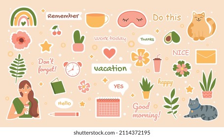 Diary stickers collection. Set of icons with products and plants. Healthy food and conky for grocery website. Social media and banner. Cartoon flat vector illustration isolated on yellow background