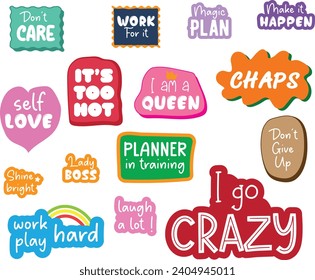 Diary stickers. Daily planner note paper labels, organizer schedule trendy lettering reminders and bookmarks, woman calendar vector weekly planning list set