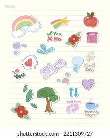 Diary stickers kids drawing style. color crayon doodles drawn on notes paper background