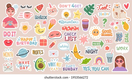 Diary stickers. Words, characters and quotes for planner journal. Trendy notebook decor with girls, food and cats. Daily reminder vector set as coffee cup, love letter, rainbow and light bulb