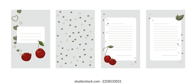 Diary template, notebook cover and page, Organizer with space for notes Vector illustration Multicolored with cherry and heart