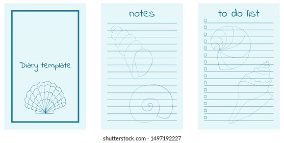 Diary template, notes, to do list decorated different kind of sea shells. Vector planner collection. Ocean theme note book collection. 
