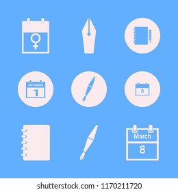 diary vector icons set. with fountain pen, first september calendar, notebook pencil and march calendar in set