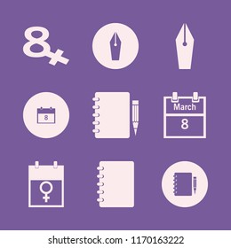 diary vector icons set. with notebook, march calendar, notebook pencil and fountain pen in set