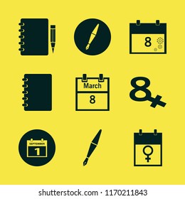 diary vector icons set. with notebook, march calendar, fountain pen and notebook pencil in set