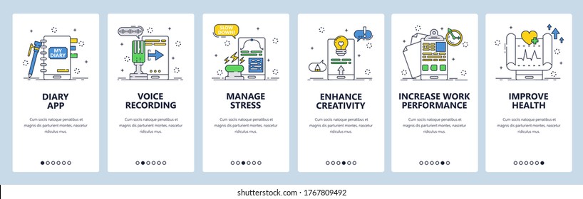 Diary website and mobile app onboarding screens. Menu banner vector template for web site and application development. Personal journal diary with voice recording to manage stress, enhance creativity.