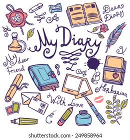 Diary writing instrument hand drawn  scrapbooking set with pen notebook ink vector illustration