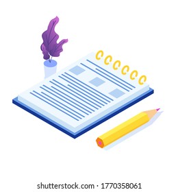 Diary writing isometric icon. Vector flat style illustration.