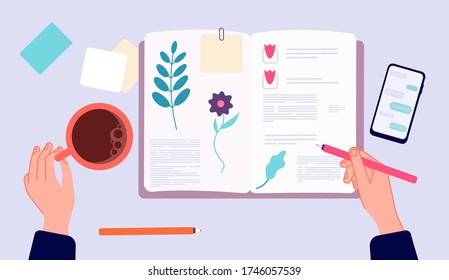 Diary writing. Person drawing in sketchbook. Top view hands with pen and coffee cup. Morning evening relax, memories making vector illustration