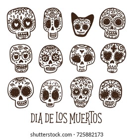 Dias de los Muertos - Day of the Dead in Mexico. Vector greeting card with hand drawn doodle sugar skulls.