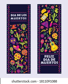 Dias de los Muertos and Feliz dia de Muertos typography banners vector. In English Translate - Feast Day of death. Mexico design for fiesta cards or party invitation, poster.