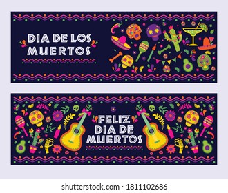 Dias de los Muertos and Feliz dia de Muertos typography banners vector. In English Translate - Feast Day of death. Mexico design for fiesta cards or party invitation, poster.