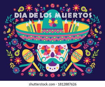 Dias de los Muertos trend flat banner vector. In English Feast of death. Mexico design for fiesta cards or party invitation, poster. Flowers traditional mexican frame with floral letters on dark