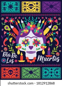 Dias de los Muertos trend flat banner vector. In English Feast of death. Mexico design for fiesta cards or party invitation, poster. Flowers traditional mexican frame with floral letters on dark