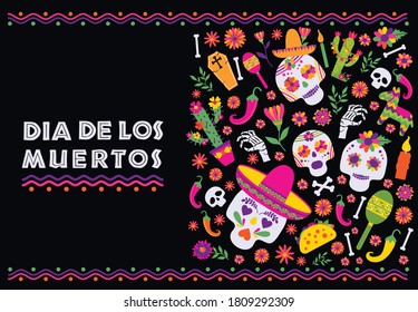 Dias de los Muertos typography banner vector. Mexico design for fiesta cards or party invitation, poster. Flowers traditional mexican frame with floral letters on black background.