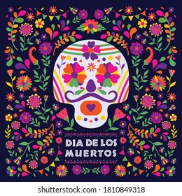 Dias de los Muertos typography banner vector. In English Feast of death. Mexico design for fiesta cards or party invitation, poster. Flowers traditional mexican frame with floral letters on dark