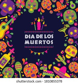 Dias de los Muertos typography banner vector. In English Feast of death.Mexico design for fiesta cards or party invitation, poster. Flowers traditional mexican frame with floral letters on dark