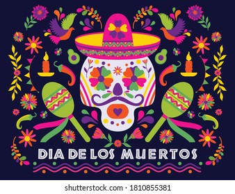 Dias de los Muertos typography banner vector. In English Feast of death. Mexico design for fiesta cards or party invitation, poster. Flowers traditional mexican frame with floral letters on dark