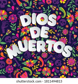 Dias de los Muertos typography banner vector. In English- Feast of death. Mexico design for fiesta cards or party invitation, poster. Flowers traditional mexican frame with floral letters on dark