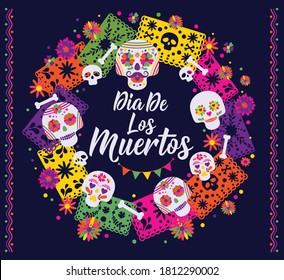 Dias de los Muertos typography banner vector. In English Feast of death. Mexico design for fiesta cards or party invitation, poster. Flowers traditional mexican frame with floral letters on dark