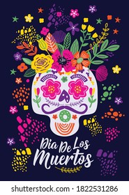 Dias de los Muertos typography banner vector. In English Feast of death. Mexico design for fiesta cards or party invitation, poster. Flowers traditional mexican frame with floral letters on dark