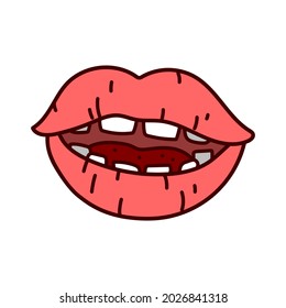 Diastema teeth and mouth doodle, a hand drawn vector doodle of a red lips mouth and teeth, isolated on white background.