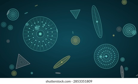 Diatoms microscopic algae pattern on dark teal background. Vector illustration for science, education, research and technology designs, presentations and banners.