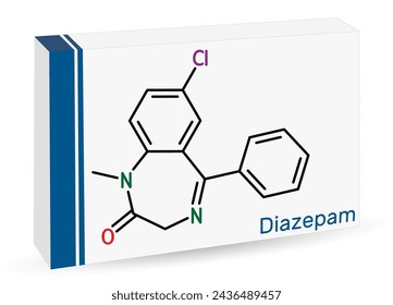 Diazepam drug molecule. It is long-acting benzodiazepine, used to treat panic disorders. Skeletal chemical formula. Paper packaging for drugs. Vector illustration