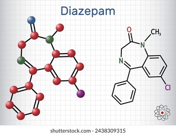 Diazepam drug molecule. It is long-acting benzodiazepine, used to treat panic disorders. Structural chemical formula, molecule model. Sheet of paper in a cage. Vector illustration