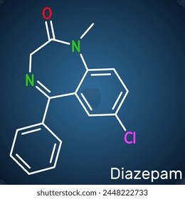 Diazepam drug molecule. It is long-acting benzodiazepine, used to treat panic disorders. Structural chemical formula on the dark blue background. Vector illustration