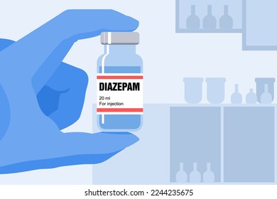 Diazepam generic drug name. It is a benzodiazepine anxiolytic medication, used to treat  anxiety, seizures, alcohol withdrawal syndrome, muscle spasms and insomnia. Medicine vial illustration.