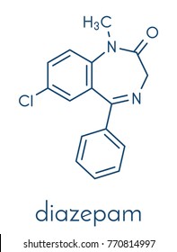 Diazepam sedative and hypnotic drug (benzodiazepine class) molecule. Skeletal formula.