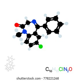 Diazepam (valium) model molecule. Isolated on white background. Vector illustration. Flat style.
